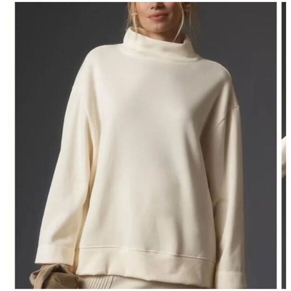 Anthropologie MAEVE Funnel Mock Neck Tunic Pullover Sweater Cream oversized Sz S - Picture 2 of 9